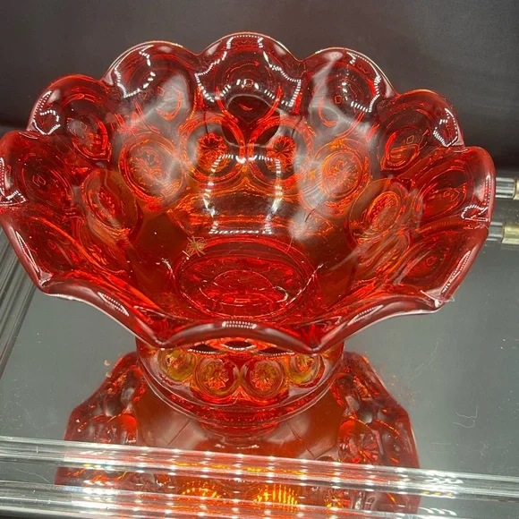 Vintage LE Smith Moon & Stars Ruby Red & Amberina Glass Footed Bowl ~ GLOWS - Picture 5 of 10